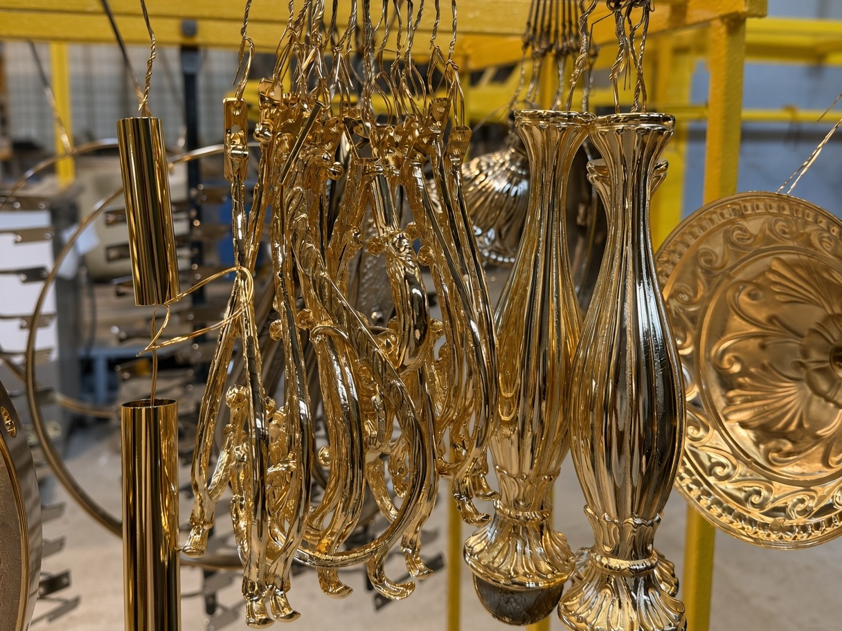 Componentes de lámpara con acabado dorado en ganchos
